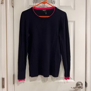 DKNY Navy Blue Pink Trim Crew Neck Long Sleeve Women's Sweater